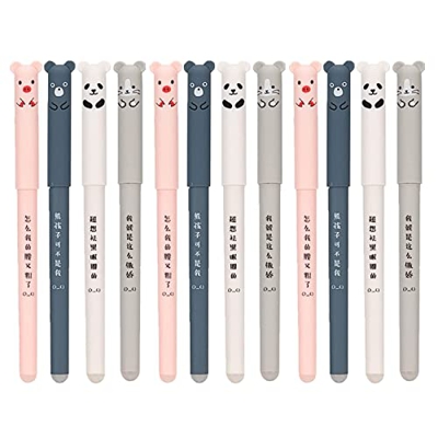 12pcs Bolígrafo de Gel Borrable,0,35 mm Kawaii con diseño de cerditos panda,Borrables Bolígrafo de Gel Animados,Bolígrafo de gel negro borrable,Bolígr