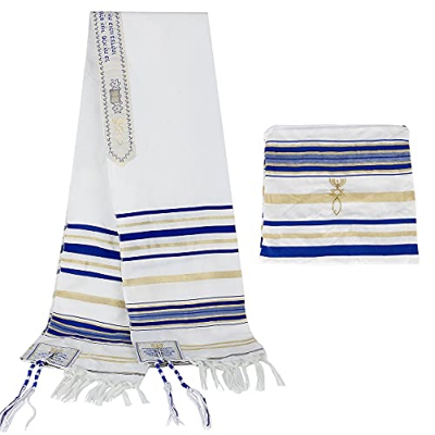 BRTAGG Mantón de oración Tallit inglés/hebreo con bolsa a juego (180 x 130 cm, Azul Reel)