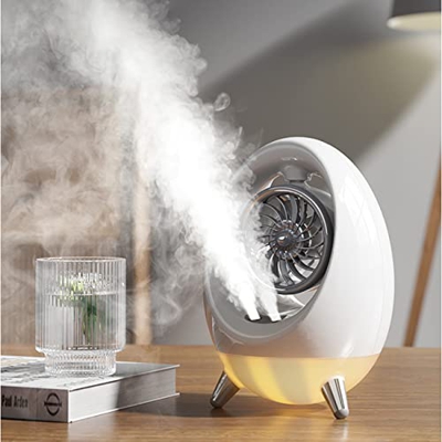 KUMADAI Aire Acondicionado Portátil, Mini Enfriador de Aire con Spray, Humidificador, Ventilador USB Silencioso con 2 Colores Led y 3 Velocidades