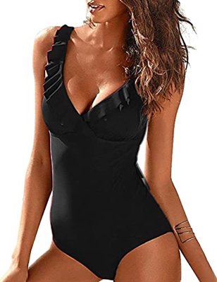 heekpek Traje de Baño Una Pieza Bañador Cuello en V Natacióncon Volante Trajes de Baña Push up Ropa de Baño Playa Relleno Monokini Cintura Alta Mujer