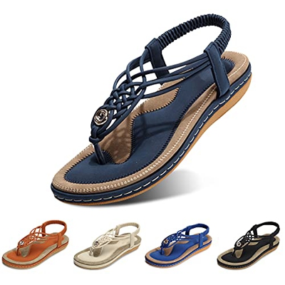 gracosy Sandalias Planas Verano Mujer Estilo Bohemia Zapatos de Dedo Sandalias Talla Grande Cinta Casuales Playa Chanclas Romanas de Mujer 2020 Azul N