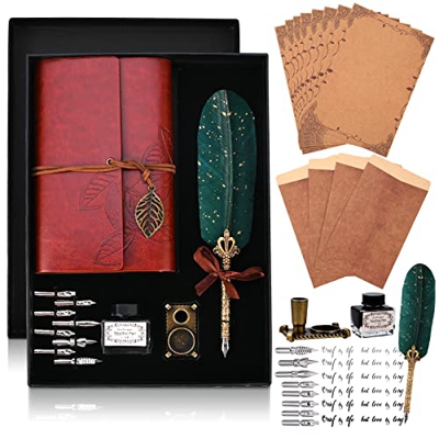 Cieex Conjunto de Pluma de Plumaje con Cuader de Cuero, Pluma de Inmersion Pluma Escritura, Puntas, Tinta, Soporte Bolígrafos, Sobres, papeles, Mejor 