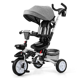 COSTWAY Triciclo para Niños Multiuso con Techo Ajustable y Extraíble Cinturón de Seguridad Silla de Paseo con Varilla de Empuje y Pedal Plegable para  en oferta