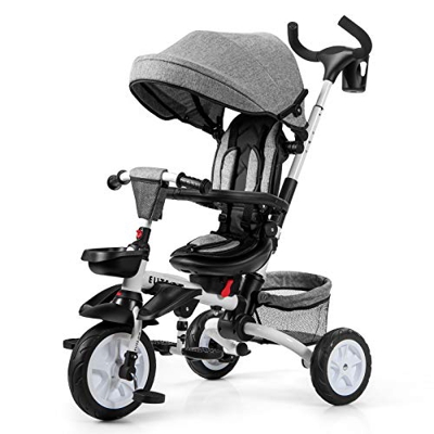 COSTWAY Triciclo para Niños Multiuso con Techo Ajustable y Extraíble Cinturón de Seguridad Silla de Paseo con Varilla de Empuje y Pedal Plegable para 