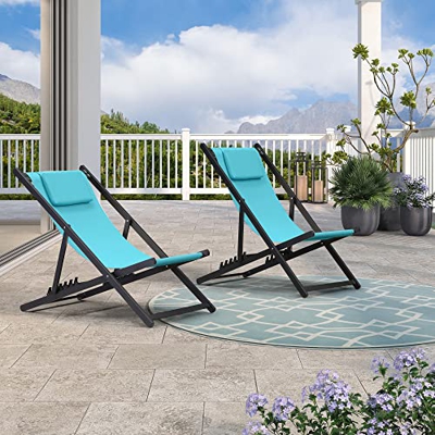 PURPLE LEAF Conjunto de 2 Tumbonas Jardin Exterior Plegables Tumbonas Aluminio Tumbonas de Playa con Respaldo Regulable en 5 Posiciones, Lago Azul