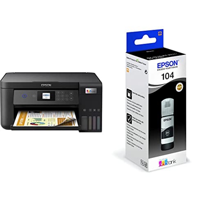 Epson EcoTank ET-2850 | Impresora WiFi A4 Multifunción con Depósito Tinta Recargable Copiadora, Escáner | Mobile Printing + C13T00P140 Tinta 104 Negro