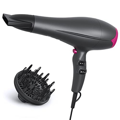Secador de pelo profesional iónico 2200 W, con motor AC profesional, 3 niveles de temperatura, 2 velocidades con difusor y centrador