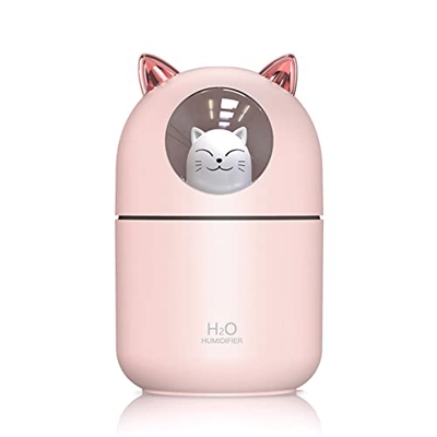 UKETO Humidificador de aire Spray Cute Cat Pequeño LED Luz Silencioso Purificador de aire (USB rosa)