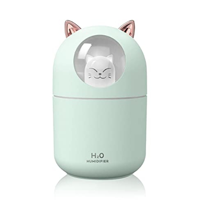 UKETO Humidificador de aire Spray Cute Cat Pequeño LED Luz Silencioso Purificador de aire (Verde USB)