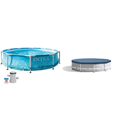 Intex 55241 - Piscina Desmontable Redonda INTEX, Piscina Metal Frame, con depuradora 1.250l/h + 28030 - Cobertor Piscina metálica Metal & Prisma Frame