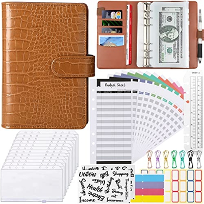 AIFACE Carpeta de Presupuesto A6，Carpeta de Cuaderno 6 Anillas organizador de dinero con con Bolsitas Cremallera Transparente y Pegatinas,PU Clasifica