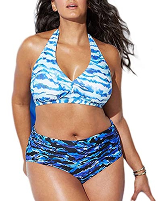 CheChury Mujeres Bañadores de Tallas Grandes Estampado Floral Cintura Alta Sexy Cabestro Traje de Baño Bikini Estampado Bohemio con Adores Relleno Top