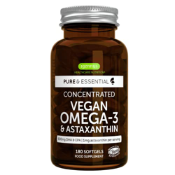 Pure & Essential Omega-3 Vegano, 1344 mg de Aceite de Algas (DHA + EPA 600 mg) y Astaxantina, 180 cápsulas blandas características
