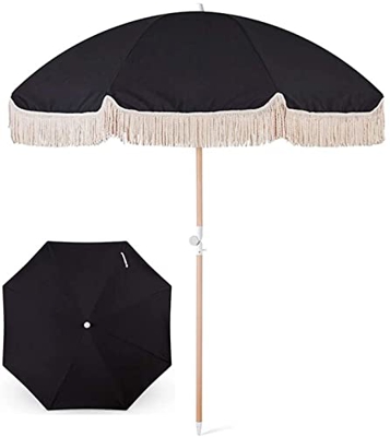 GGQQ 6 PIES Sombrilla de Madera para terraza con Fleco 8 Resorte Sombrilla de Playa Poste de Acero de Color y Costillas de Acero Sun albergues para la