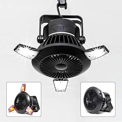 Ventilador solar para camping ICH con linterna LED, ventilador portátil para tienda de campaña con gancho para colgar, ventilador de escritorio USB re