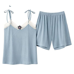 Pijama Mujer Sexy, Pijama De Encaje De Seda Suave Y Transpirable Camisola Azul De Color Sólido Pantalones Calientes Conjuntos De Ropa De Salón Acogedo en oferta