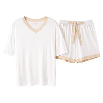 Pijama Mujer, Pijamas Suaves Y Transpirables Camiseta Blanca De Color Sólido Pantalones Calientes Conjuntos De Ropa De Dormir De Algodón Ropa De Veran