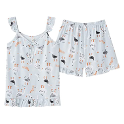 Pijama Mujer Verano, Pijama De Algodón Suave Y Transpirable con Estampado De Ganso De Dibujos Animados, Camisola Azul, Pantalones Calientes, Ropa De S precio