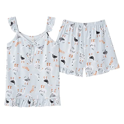 Pijama Mujer Verano, Pijama De Algodón Suave Y Transpirable con Estampado De Ganso De Dibujos Animados, Camisola Azul, Pantalones Calientes, Ropa De S
