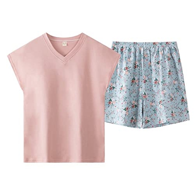 Pijama Mujer Sexy, Pijama De Algodón Suave Y Transpirable con Estampado De Flores, Pantalones Calientes, Chaleco Rosa, Top Informal Y Acogedor, Conjun