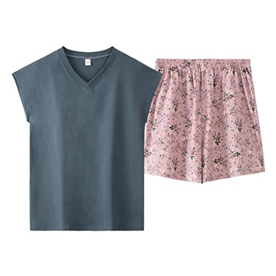 Pijama Mujer Sexy, Pijamas De Algodón Suave Y Transpirable Flor Rosa Pantalones Calientes Chaleco Gris Top Casual Acogedor Loungewear Conjuntos Ropa D