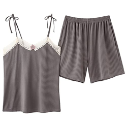 Pijama Mujer Sexy, Pijamas De Encaje De Seda Suave Y Transpirable Camisola Gris De Color Sólido Pantalones Calientes Conjuntos De Ropa De Salón Acoged características