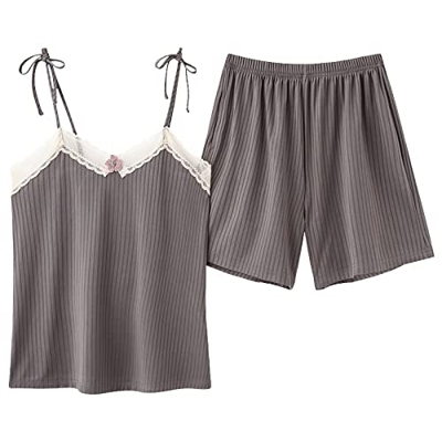 Pijama Mujer Sexy, Pijamas De Encaje De Seda Suave Y Transpirable Camisola Gris De Color Sólido Pantalones Calientes Conjuntos De Ropa De Salón Acoged