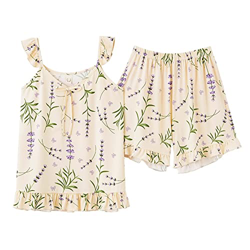 Pijama Mujer Verano, Pijamas De Algodón Suave Y Transpirable Hojas De Lavanda Estampado De Camisola Pantalones Calientes Conjuntos De Ropa De Salón Ac en oferta