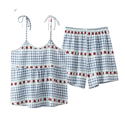 Pijama Mujer Sexy, Pijamas De Algodón Suave Y Transpirable De Dibujos Animados De Fresa A Cuadros Camisola Azul Pantalones Calientes Ropa De Salón Aco características