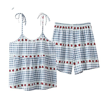 Pijama Mujer Sexy, Pijamas De Algodón Suave Y Transpirable De Dibujos Animados De Fresa A Cuadros Camisola Azul Pantalones Calientes Ropa De Salón Aco