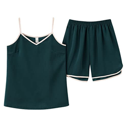 Pijama Mujer, Pijamas De Seda Suave Y Transpirable Camisola Verde De Color Sólido Pantalones Calientes Conjuntos De Ropa De Salón Acogedores Casuales  en oferta