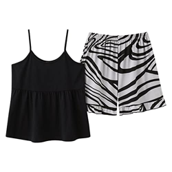Pijama Mujer Verano, Pijamas De Algodón Suave Y Transpirable Camisola Negra Raya Pantalones Calientes Conjuntos De Ropa De Salón Acogedores Casuales R en oferta
