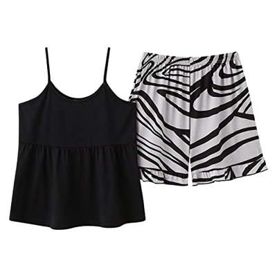 Pijama Mujer Verano, Pijamas De Algodón Suave Y Transpirable Camisola Negra Raya Pantalones Calientes Conjuntos De Ropa De Salón Acogedores Casuales R