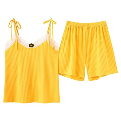 Pijama Mujer Sexy, Pijamas De Encaje De Seda Suave Y Transpirable Camisola Amarilla De Color Sólido Pantalones Calientes Conjuntos De Ropa De Salón Ac