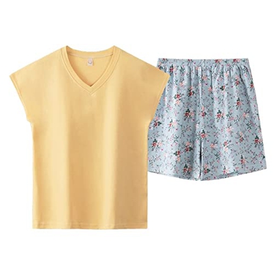 Pijama Mujer, Pijama De Algodón Suave Y Transpirable con Estampado De Flores, Pantalones Calientes, Chaleco Amarillo, Top Informal Y Acogedor, Conjunt