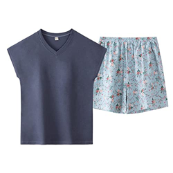 Pijama Mujer, Pijama De Algodón Suave Y Transpirable con Estampado De Flores, Pantalones Calientes, Chaleco Azul Marino, Top Informal Y Acogedor, Conj en oferta
