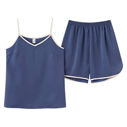 Pijama Mujer Verano, Pijamas De Seda Suave Y Transpirable Color Sólido Camisola Azul Marino Pantalones Calientes Conjuntos De Ropa De Salón Acogedores precio