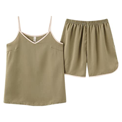 Pijama Mujer Verano, Pijamas De Seda Suave Y Transpirable Color Sólido Camisola Verde Gris Pantalones Calientes Ropa De Salón Acogedora Casual Conjunt en oferta