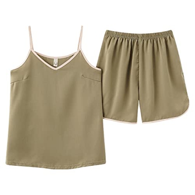 Pijama Mujer Verano, Pijamas De Seda Suave Y Transpirable Color Sólido Camisola Verde Gris Pantalones Calientes Ropa De Salón Acogedora Casual Conjunt