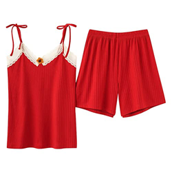 Pijama Mujer, Pijama De Encaje De Seda Suave Y Transpirable Camisola Roja De Color Sólido Pantalones Calientes Conjuntos De Ropa De Salón Acogedores C características