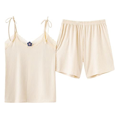 Pijama Mujer, Pijamas De Encaje De Seda Suave Y Transpirable Camisola Beige De Color Sólido Pantalones Calientes Conjuntos De Ropa De Salón Acogedores