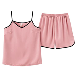 Pijama Mujer Verano, Pijamas De Seda Suave Y Transpirable Camisola Rosa De Color Sólido Pantalones Calientes Conjuntos De Ropa De Salón Acogedores Cas características