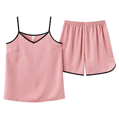 Pijama Mujer Verano, Pijamas De Seda Suave Y Transpirable Camisola Rosa De Color Sólido Pantalones Calientes Conjuntos De Ropa De Salón Acogedores Cas