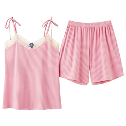 Pijama Mujer Sexy, Pijamas De Encaje De Seda Suave Y Transpirable Camisola Rosa De Color Sólido Pantalones Calientes Conjuntos De Ropa De Salón Acoged precio