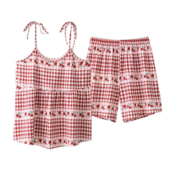 Pijama Mujer Sexy, Pijamas De Algodón Suave Y Transpirable De Dibujos Animados De Fresa A Cuadros Camisola Roja Pantalones Calientes Ropa De Salón Aco precio