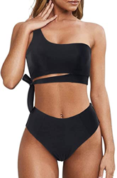 Joligiao Conjunto de Bikini para Mujer Un Hombro Bandeau Bikini Top Borde Ondulado Ropa de Playa Traje de baño asimétrico de Dos Piezas Traje de baño  características