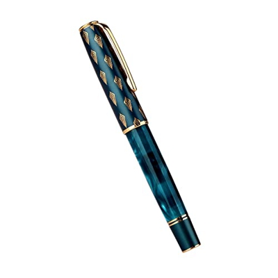 Pluma estilográfica Hongdian N7 Blue Peacock Resin Piston, pluma clásica de punta extrafina iridio, pluma de escritura suave con caja de metal