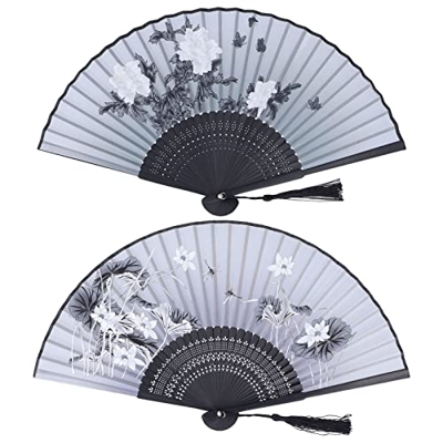 Cyrank 2 uds Ventilador Plegable a Mano, Ventiladores Chinos Ventilador Plegable Negro Ventilador de Mano Ventilador Decorativo para decoración de Par