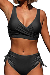 Joligiao Conjunto de Bikini de Color Sólido para Mujer Top de Bikini Entrecruzado Traje de Baño de Dos Piezas Traje de Baño de Cintura Baja Cordón Aju en oferta