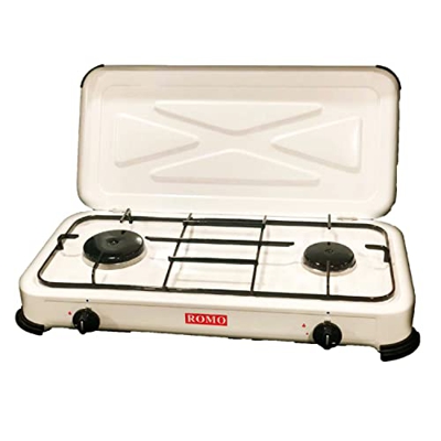 ROMO. Hornillo a Gas Portátil con Tapa. Encendido Manual y 2-3 Quemadores. Carcasa de Metal Esmaltada (2 Quemadores)